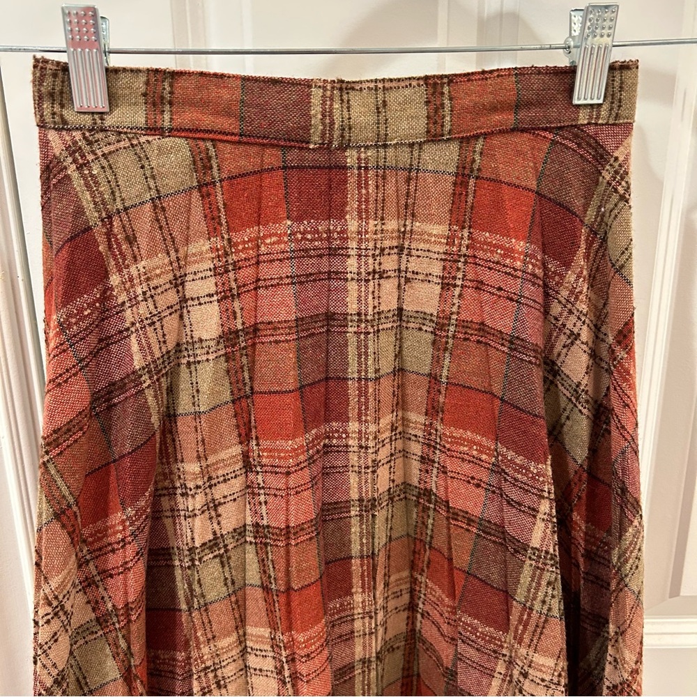 Vintage Wool Boucle Plaid Pleated A-Line Skirt Brown Burnt Orange XS - Picture 3 of 11